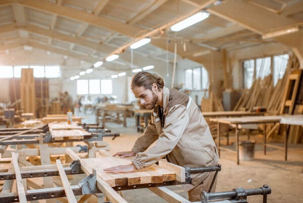 Carpenter Insurance - Man Working In His Woodshop on a Large Wood Project